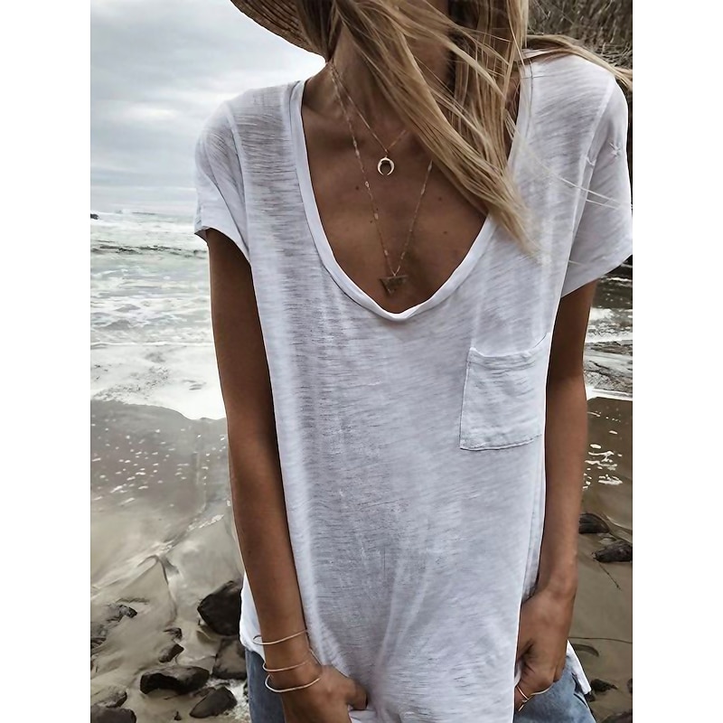 Women's T Shirt Plain Basic Short Sleeve V Neck Regular Tops Casual Weekend Pocket White Red Royal Blue Khaki Gray
