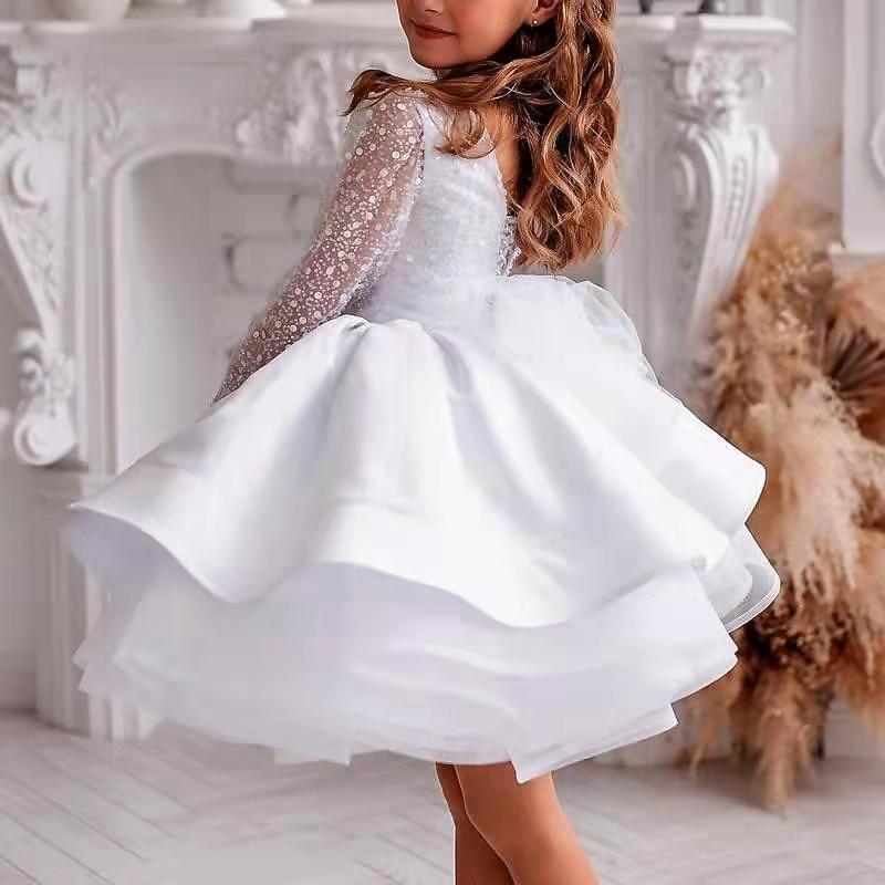 Flower Girl Dress Girls' Dress First Communion Dress Performance Wedding Party Princess Sweet Ruched Mesh Polka Dot Long Sleeve Crew Neck Type A Type B 3-12 Years2