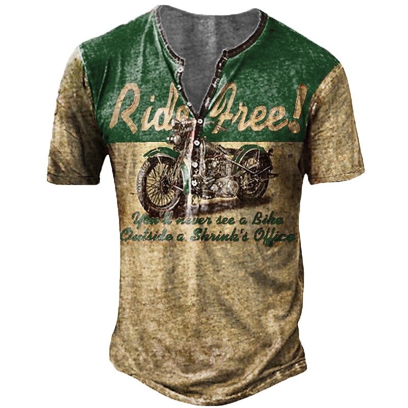 Men's T shirt Tee Henley Shirt Tee Graphic Motorcycle Henley Blue red Red Blue Purple Green 3D Print Plus Size Outdoor Casual Short Sleeve Button-Down Print Clothing Apparel Designer Stylish Retro2