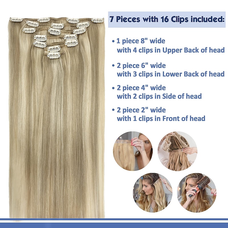 Blonde Hair Extensions Real Hair 12-24 Inch 120g 7 Pieces Ash Blonde Highlights Platinum Blonde Clip in Hair Extensions Real Straight Thick Hair Extensions for Women2