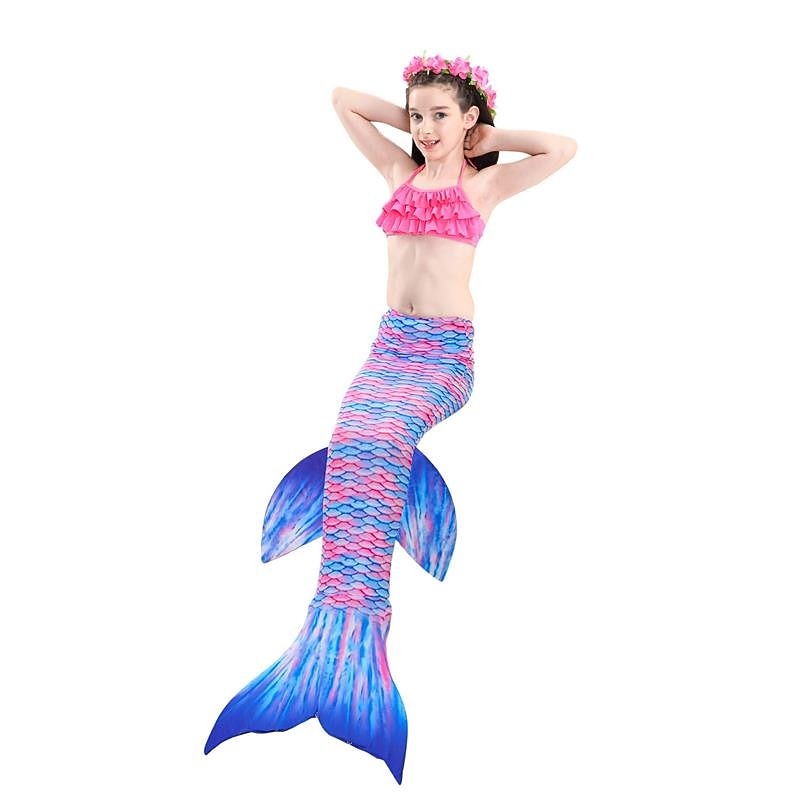 Kids Girls' Three Piece Mermaid Swimwear Swimwear Bikini Bikini Swimming Children's Day Color Block Cute Sexy Print Bathing Suits 3-10 Years Summer Rainbow