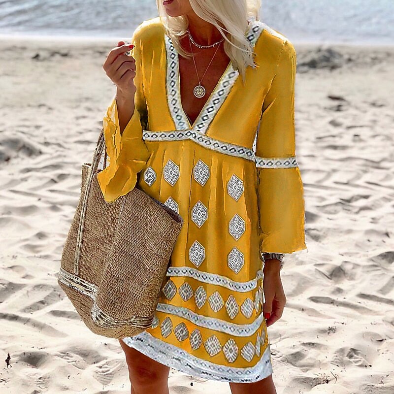 Women's Mini Dress Mini Dress Petite Dress Ethnic Dress Shift Dress Boho Dress Vacation Classic Casual Outdoor Vacation Holiday Regular Fit Geometric Long Sleeve V Neck Black Blue Gold Summer Spring3