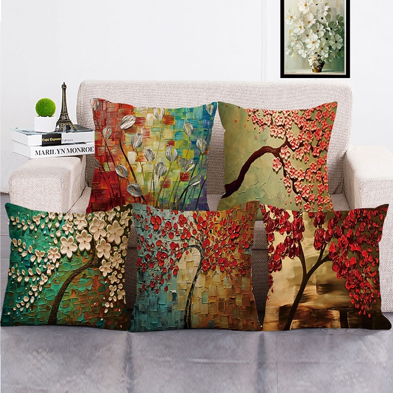 1 Set of 5 PCS Throw Pillow Covers Modern Oil Paitng Style Leaves  Decorative Throw Pillow Cushion for Room Decor Outdoor/Indoor Cushion for Sofa Couch Bed Chair2