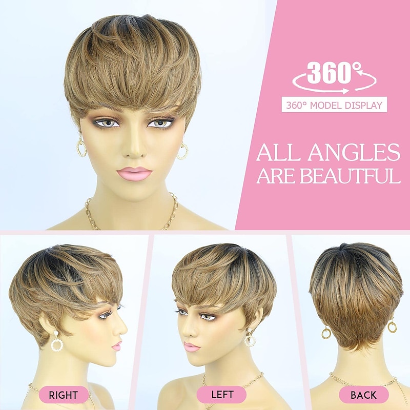 Piexie Cut Wigs for Women Short Pixie Cut Wig With Bangs Gradient Brown Natural Straight Hair Synthetic Wig For Women Layered Wavy Wigs Cute Everyday Wear Wigs4