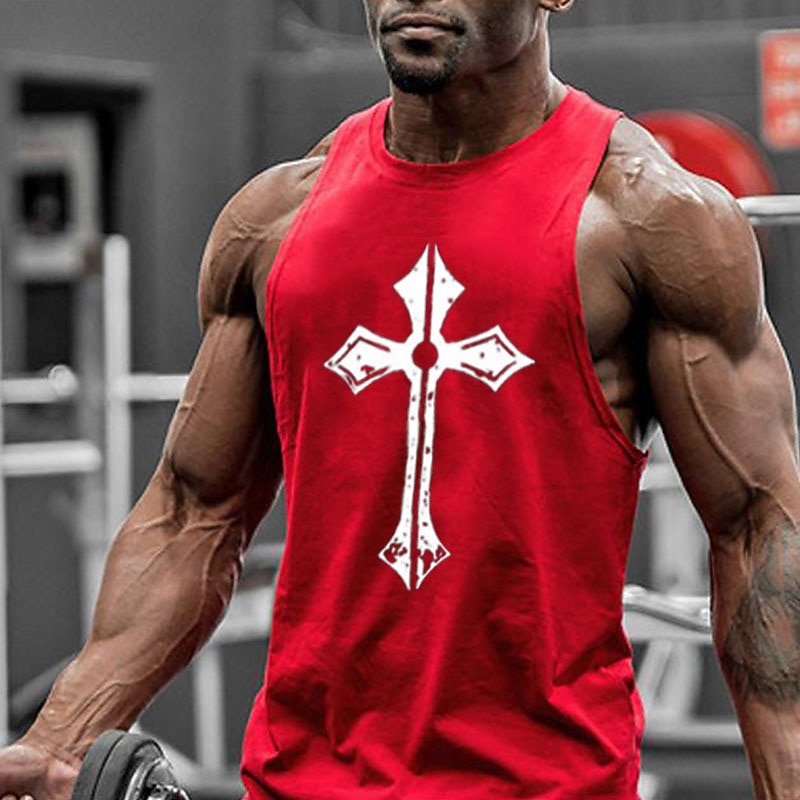 Men's Symbol Cross Tank Top Vest Top Undershirt Casual Style Classic Style Sleeveless T shirt Crew Neck Shirt Sports Big and Tall Casual Gym Black White Red Summer Clothing Apparel S M L XL XXL 3XL4