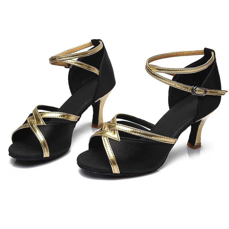 Women's Black and Gold Latin Dance Shoes – Suede Sole, Strappy Ankle Wrap, Ballroom Salsa Performance Heels3