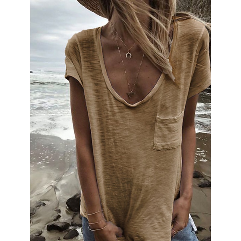 Women's T Shirt Plain Basic Short Sleeve V Neck Regular Tops Casual Weekend Pocket White Red Royal Blue Khaki Gray3