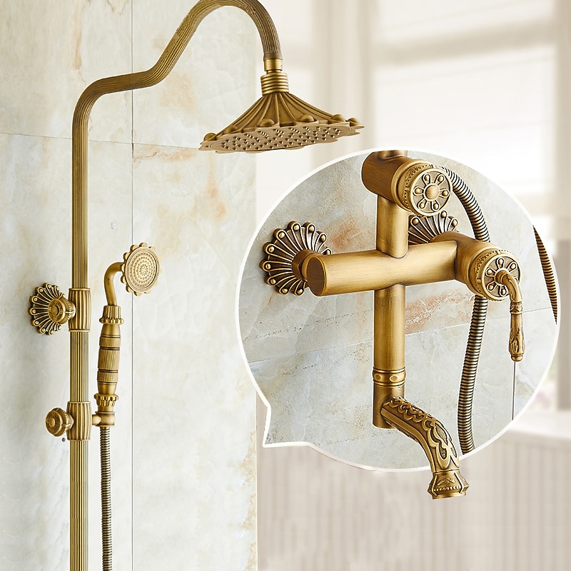 Shower Faucet,Rainfall Shower System Body Jet Massage Set - Handshower Included pullout Rainfall Shower Antique Vintage Style Antique Brass Mount Inside Brass Valve Bath Shower Mixer Taps4