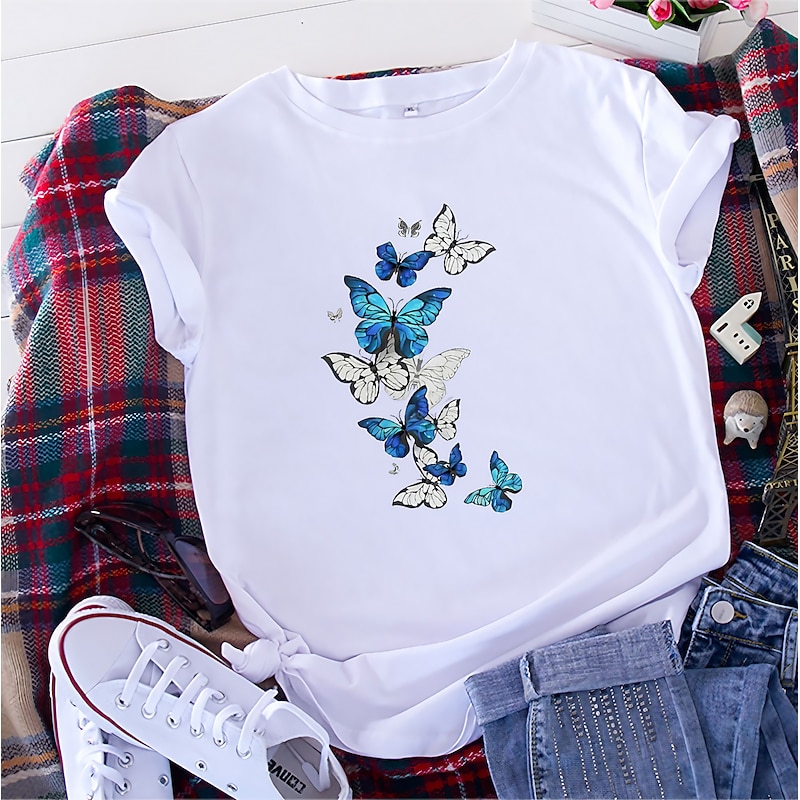 Women's T Shirt Butterfly Basic Short Sleeve T-shirt Sleeve Round Neck Regular Tops Home Daily Date Print Basic Black White Dark Pink Blue Summer2
