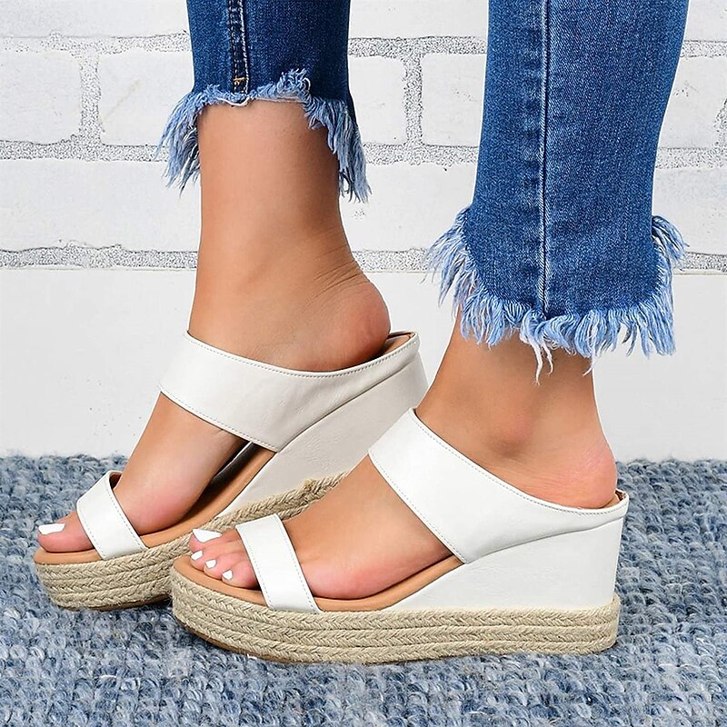 Women's White Espadrille Wedge Sandals with Open Toe and Double Strap for Casual, Beach, and Summer Outfits