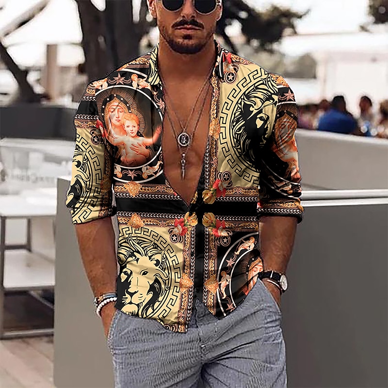 Men's Leaves Clock Shirt Button Up Shirt Vintage Designer Ethnic Style Daily Holiday Going out Spring, Fall, Winter, Summer Turndown 3D Print 21031 19014C gold c0018 19014C black c0015 8