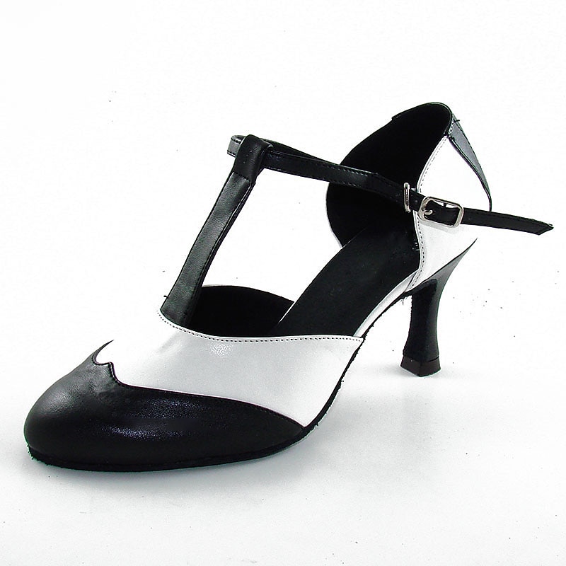 Women's Black and White T-Strap Latin Dance Shoes – Two-Tone Ballroom Heels for Salsa & Performance