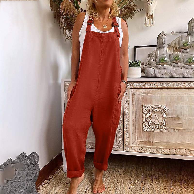 Women's Jumpsuits Casual Bib Utility Rompers Side Pockets Full Length Pants Weekend Inelastic Plain Faux Linen Comfort Mid Waist Green Black Red S M L XL XXL Summer Fall Dungarees3