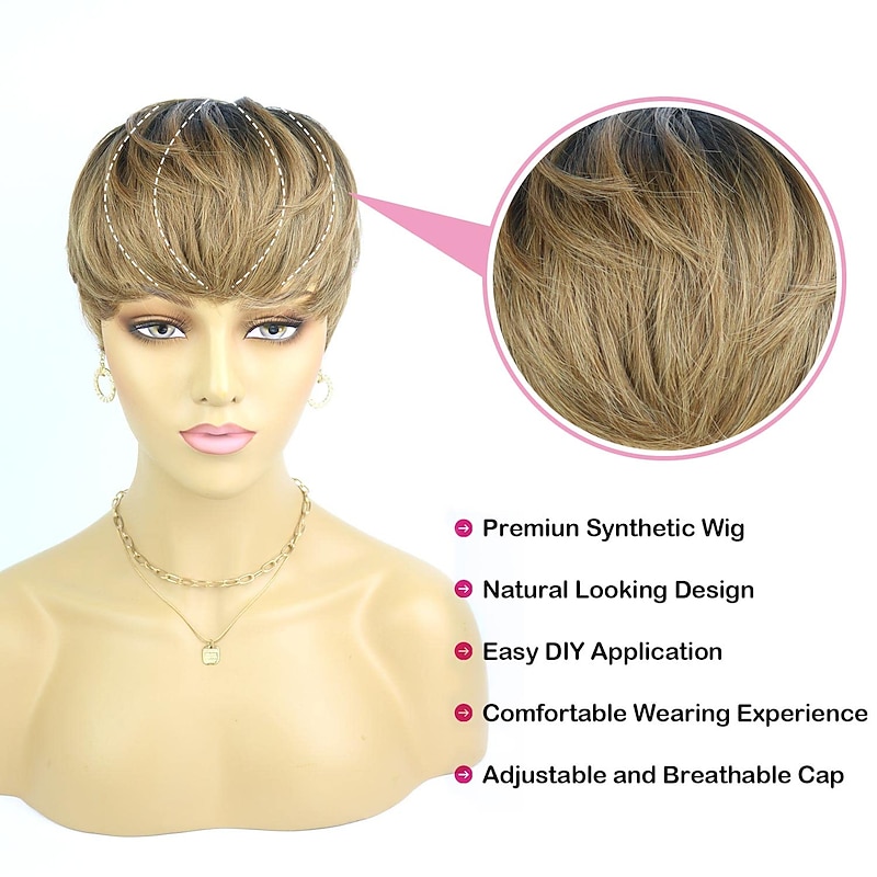 Piexie Cut Wigs for Women Short Pixie Cut Wig With Bangs Gradient Brown Natural Straight Hair Synthetic Wig For Women Layered Wavy Wigs Cute Everyday Wear Wigs3