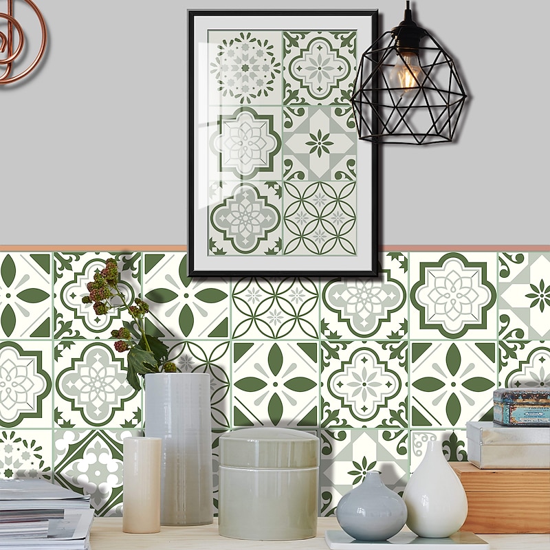 10PCS Kitchen Thickened Green Tile Stickers Self-adhesive Paper Green Tile Tile Sticker Bathroom Oil-proof Waterproof Removable Wall Sticker Floor Sticker4