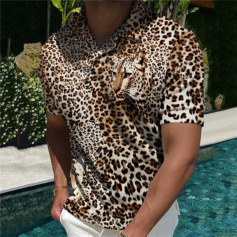 Men's Animal Leopard Polo Shirts Golf Shirt Short Sleeve Shirt Turndown Casual Daily 3D Print Yellow Blue Brown Dark Gray Print Clothing Apparel Fashion Designer Casual Breathable
