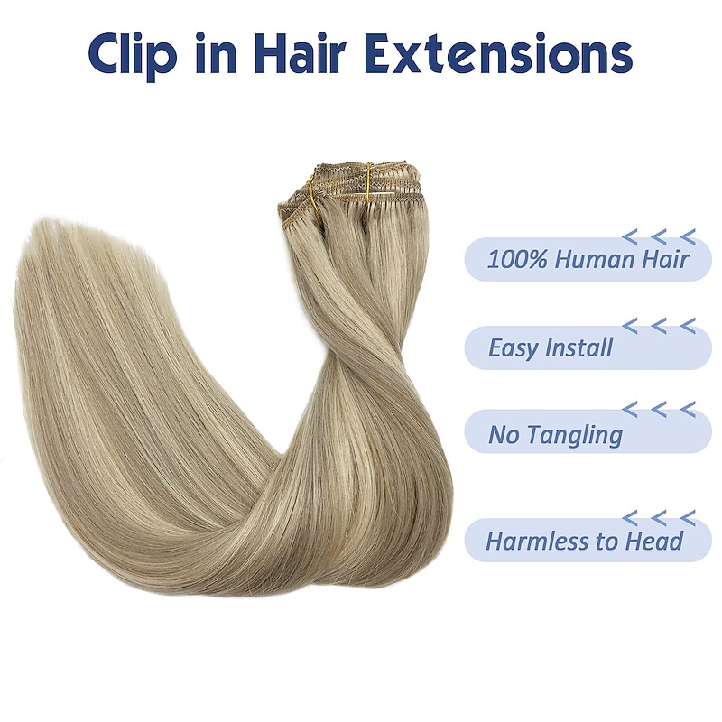 Blonde Hair Extensions Real Hair 12-24 Inch 120g 7 Pieces Ash Blonde Highlights Platinum Blonde Clip in Hair Extensions Real Straight Thick Hair Extensions for Women4