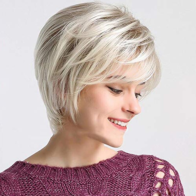 Women's Cropped Layered Blonde Wig Synthetic Heat Resistant Halloween Cosplay Pixie Costume Wig Strap2