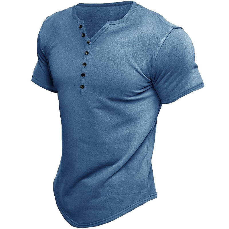 Men's Button T Shirt Henley Shirt Short Sleeve Standing Collar Spring & Summer Plain Sports Punk & Gothic Sports Leisure Sports Fitness White Blue Brown Top Tee for Men2