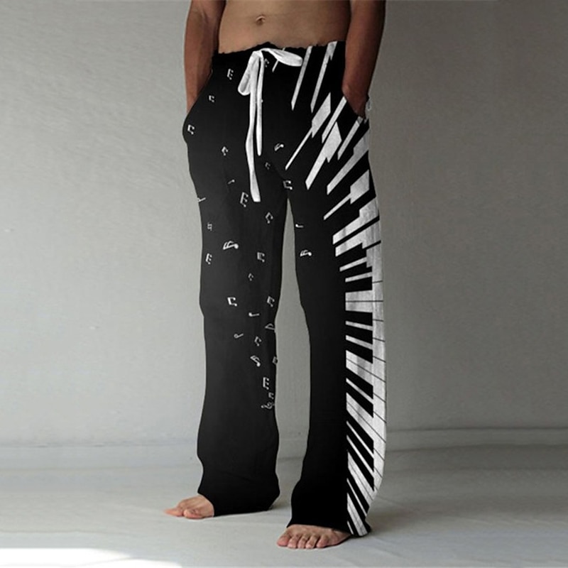 Men's Trousers Summer Pants Baggy Beach Pants Elastic Drawstring Design Front Pocket Straight Leg Graphic Prints Musical Instrument Comfort Soft Casual Daily For Vacation Linen Like Fabric Fashion