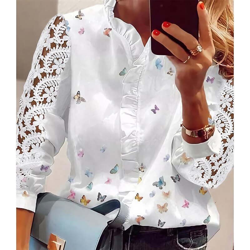 Women's Shirt Lace Shirt Blouse Eyelet top Elegant Streetwear Casual Butterfly Ruffle Mesh Buttons Long Sleeve Regular Tops V Neck Work Casual Daily White Spring Fall