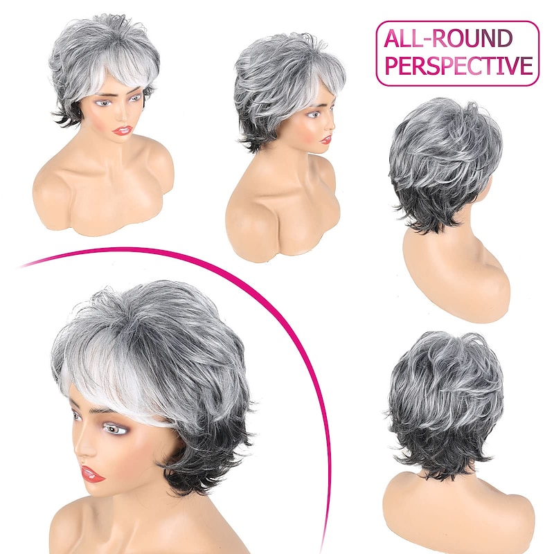 Gray Wigs Short Grey Wigs for White Women Pixie Cut Wig with Bangs Gray Hair Wigs for Women Gray Ombre Synthetic Curly Hair Wig Gray Pixie Wigs for White Women Fluffy Layered Synthetic Hair Ash Blac3
