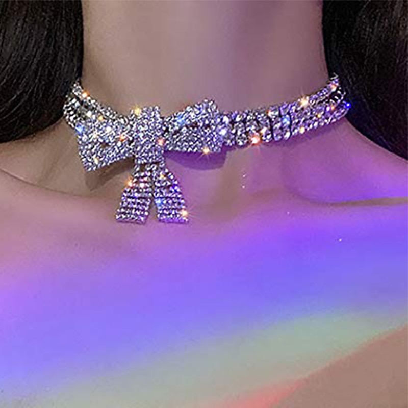 Rhinestone Choker Necklace Bow-Knot Full Crystals Necklaces Silver Sparkly Necklace Chain Jewelry Fashion Party Accessories for Women and Girls dress to impress4