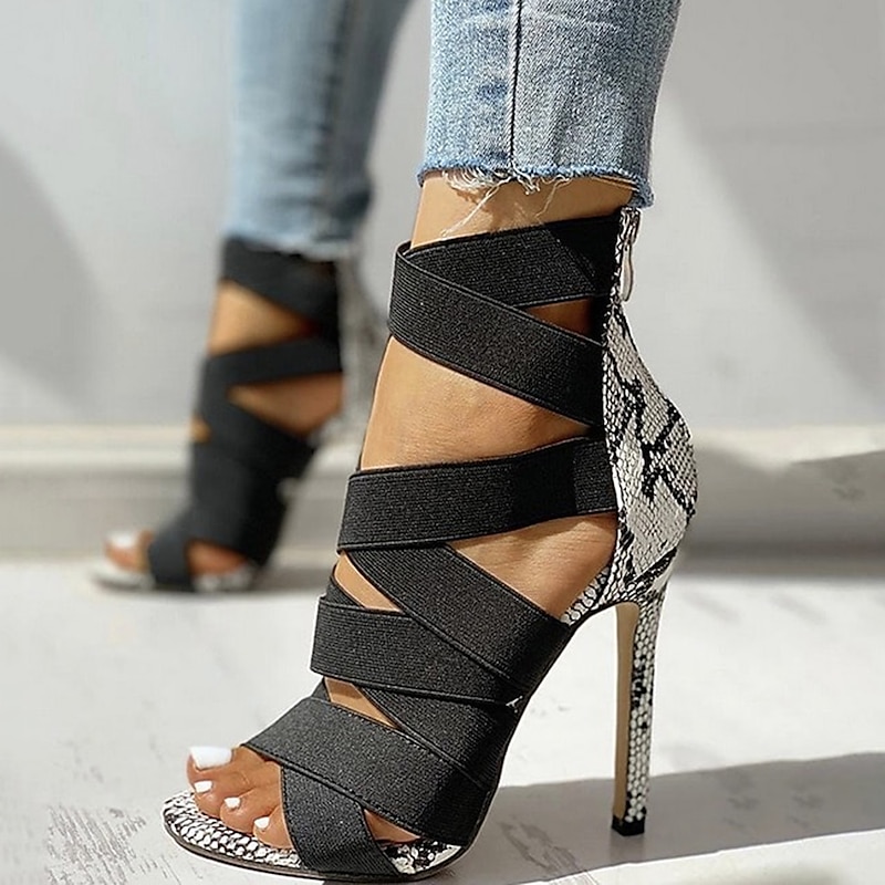 Black Women's High Heel Sandals with Snake Print Accents and Wrap-Around Straps for Fashion and Evening Wear