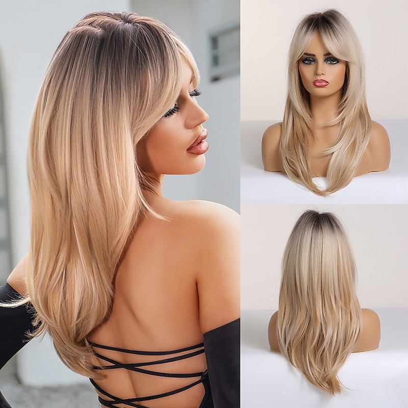 Blonde Wigs with Bangs  Long Straight Wigs Ombre Black Blonde Ash Wigs with Bangs Heat Resistant Synthetic Wigs for African American Women Christmas Party Wigs barbiecore Wigs