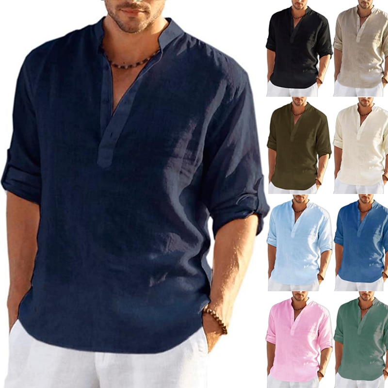 Men's Hiking Shirt Henley Shirt Tee Tshirt Top Outdoor Breathable Quick Dry Lightweight Sweat wicking Summer Spring Cotton And Linen Light Blue Navy Denim Blue Fishing Climbing Beach