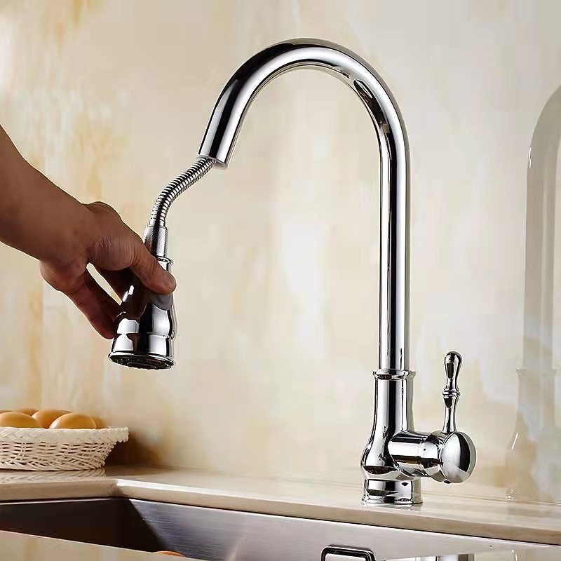 Kitchen Faucet with Sprayer,Brass 2-Function Outlet Single Handle One Hole Electroplated Pull-out Kitchen Taps3