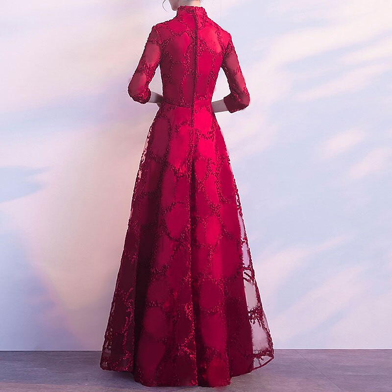 A-Line Evening Gown Vintage Dress Wedding Guest Prom Floor Length 3/4 Length Sleeve Stand Collar Tulle with Pleats Appliques2