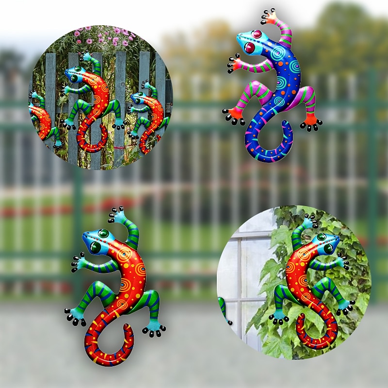 Colorful Metal Gecko Decor Wall Sculptures Ornaments Garden Art for Patio Porch Fence Backyard Outdoor Lucky Hanging Decoration3