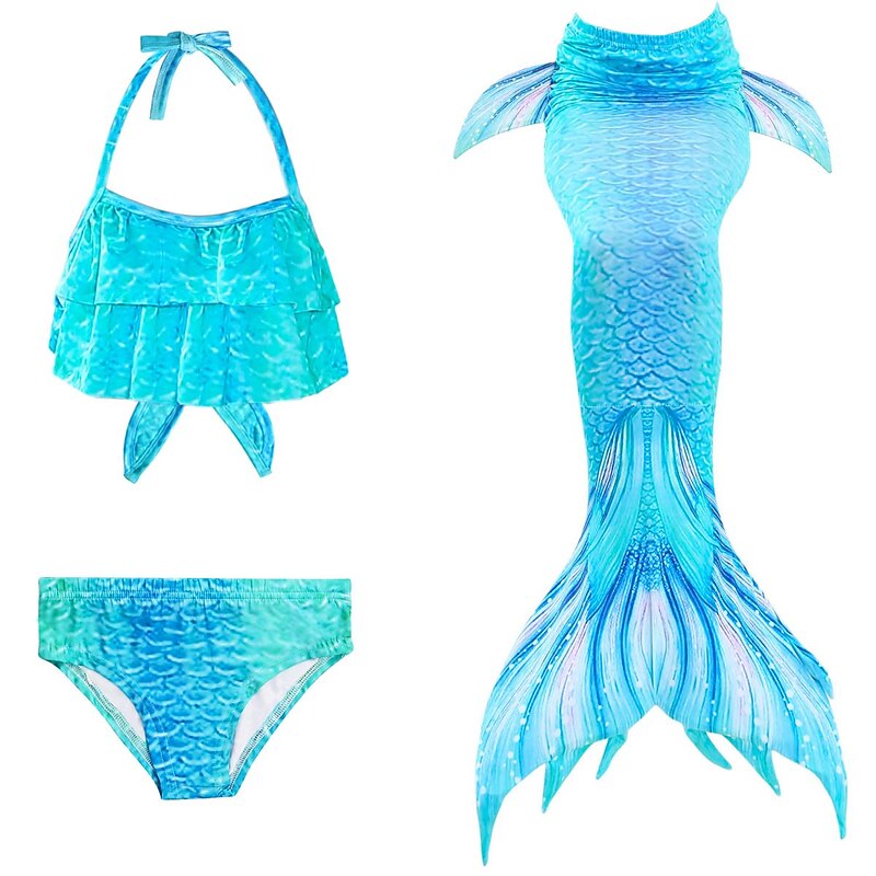 Kids Girls' Three Piece Mermaid Swimwear Bikini Bikini Swimming Children's Day Color Block Cute Sexy Bathing Suits 3-10 Years Summer Light Blue4