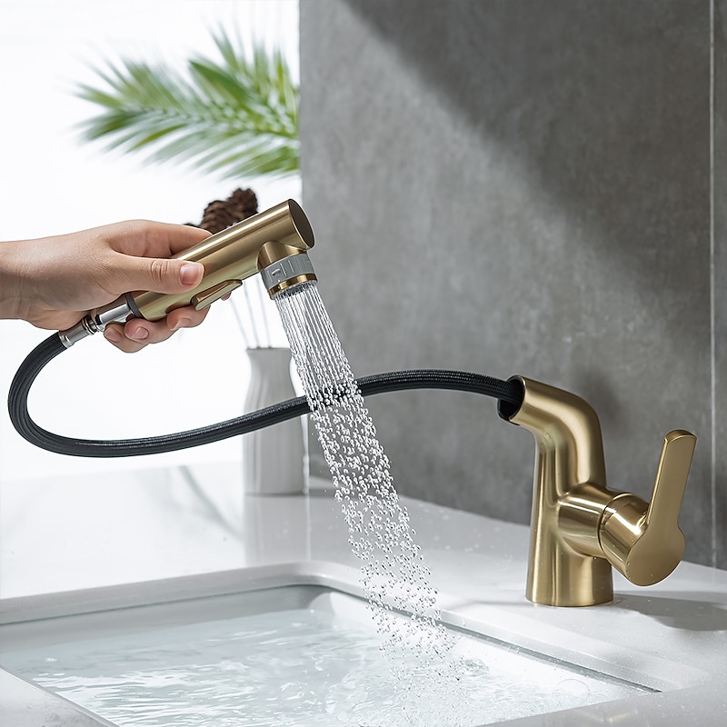 Pull Out Bathroom Sink Mixer Faucet, 360 swivel Pull Down Sprayer Basin Tap Brass, 2 Water Flow Modes with Rotating Spout, Single Handle Washroom Water Tap with Cold Hot Hose4