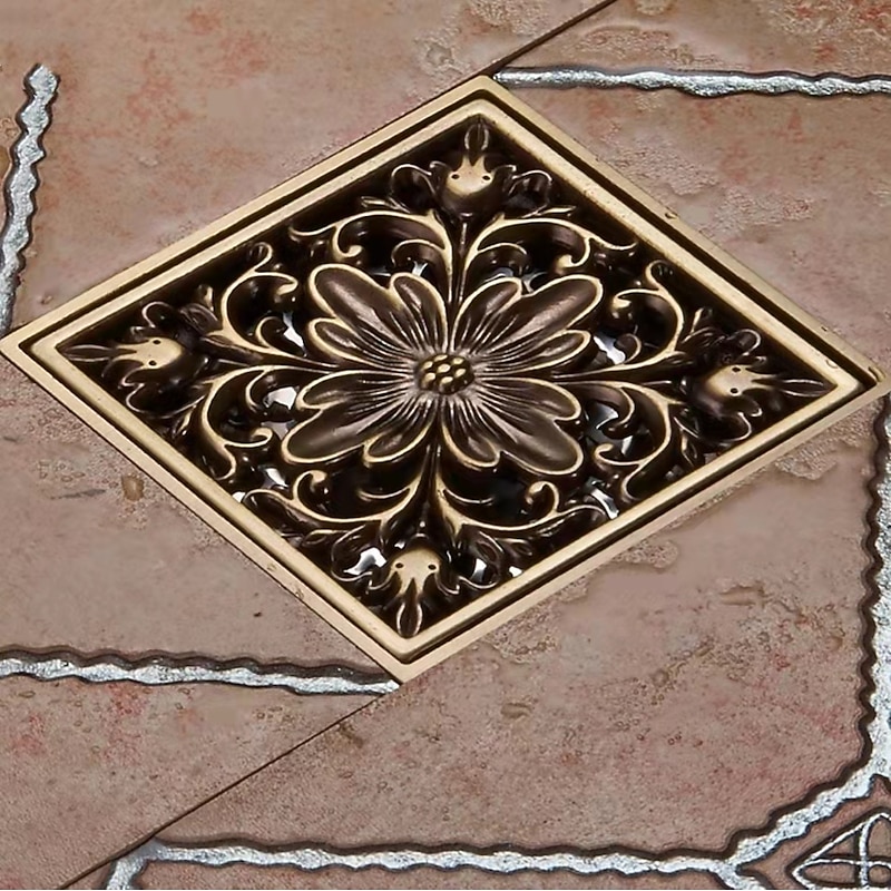 10cm Brass Bathroom Floor Drain, Art Carved Flower Pattern Square Shower Sink Drain Strainer Cover Grate Drain with Removable Cover for Hotel Home4