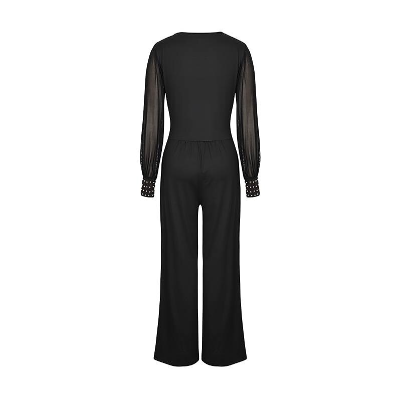 Women's Jumpsuit High Waist Mesh Solid Color V Neck Elegant Party Daily Wide Leg Slim Long Sleeve Black Wine S M L Fall4