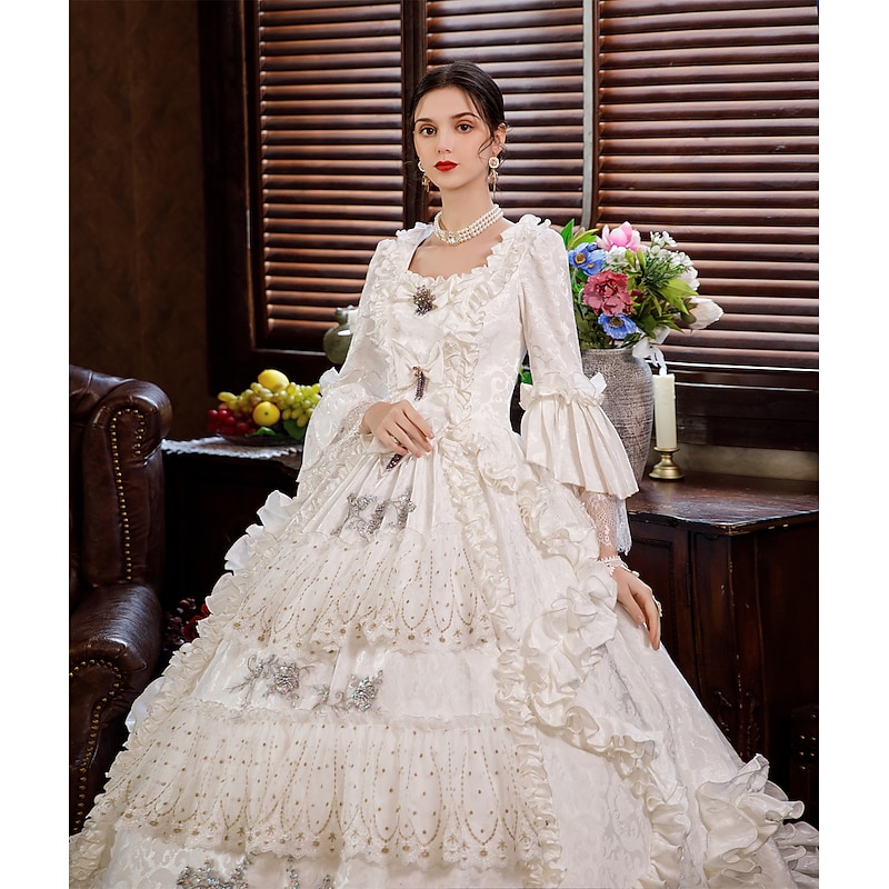 Rococo Victorian Vintage Inspired Floor Length Dress Party Costume Masquerade Flare Cuff Sleeve Princess Shakespeare Bridal Solid Color Ball Gown Square Neck Fancy Dress Women's Christmas Carnival4