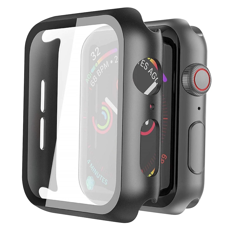 [2 pack] Case for Apple Watch Series 6/SE/5/4 /3/2/1 44mm 42mm 40mm 38mm Tempered Glass Screen Protector, Hard PC Ultra-thin Bumper HD Clear Film Full Coverage Cover Black2