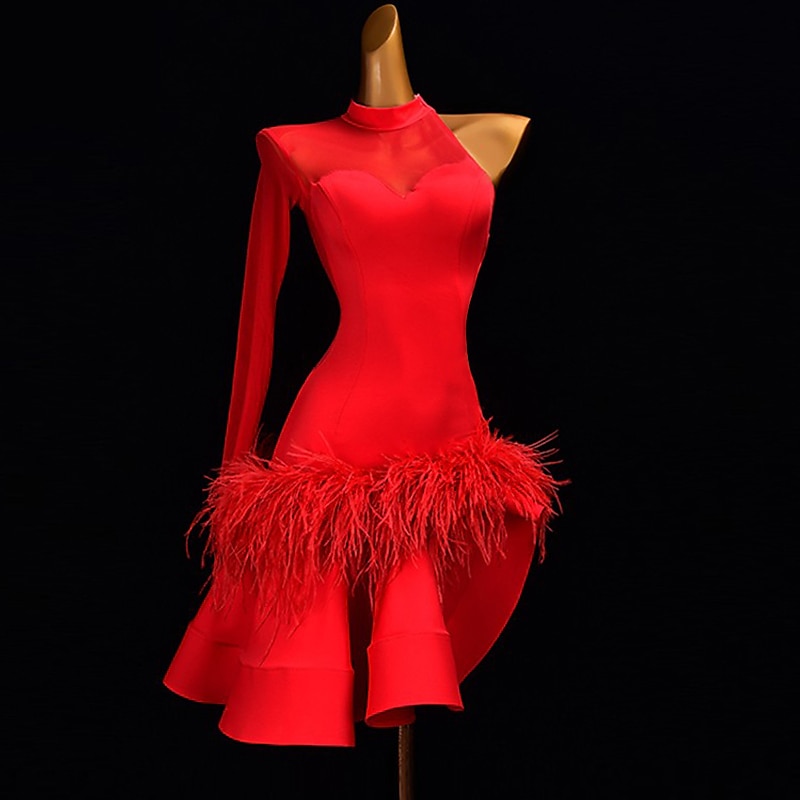 Dance Salsa Latin Dance Ballroom Dance Latin Salsa Dance Dress Feathers Rhinestone Women's Girls' Training Performance Long Sleeve3