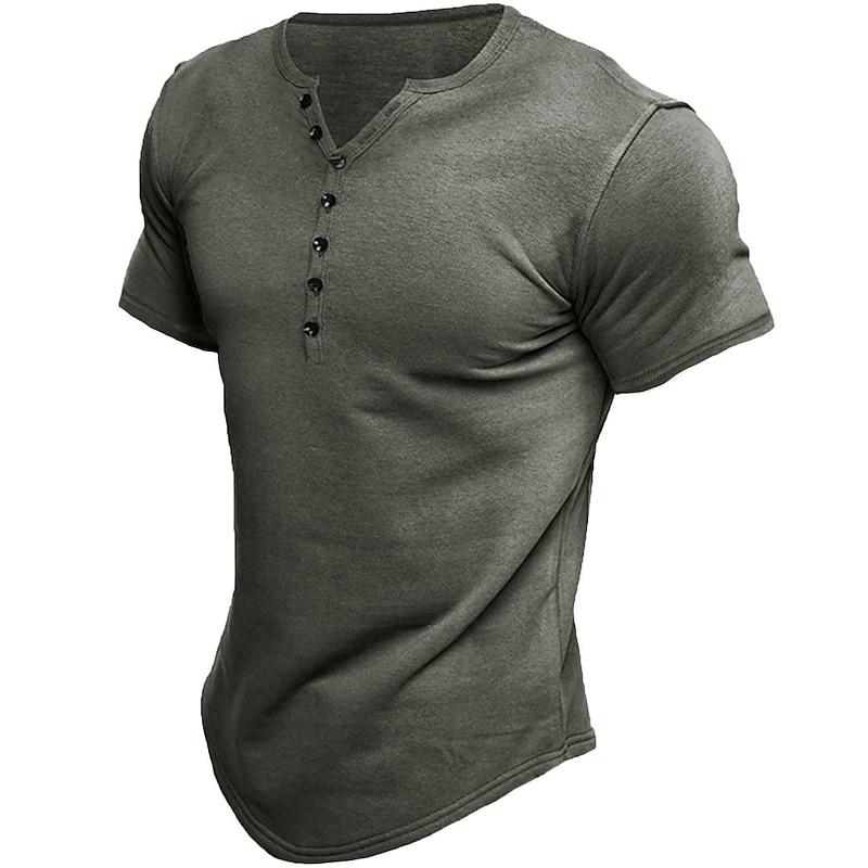 Men's Button T Shirt Henley Shirt Short Sleeve Standing Collar Spring & Summer Plain Sports Punk & Gothic Sports Leisure Sports Fitness White Blue Brown Top Tee for Men4
