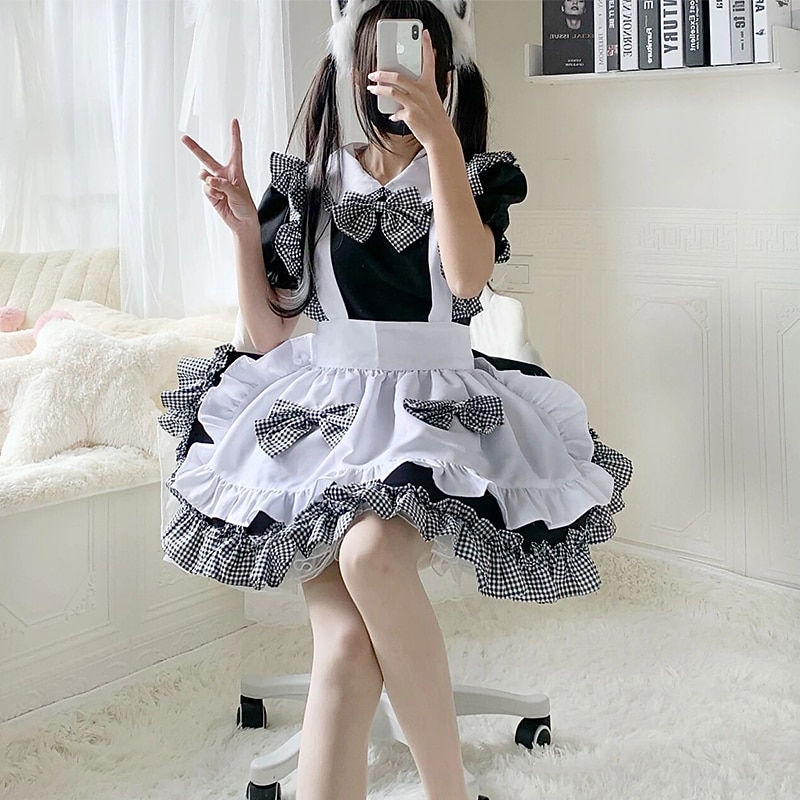 Lolita Sweet Lolita Plus Size Casual Lolita Dress Maid Suits Women's Japanese Cosplay Costumes Black Solid Color Short Sleeve / Apron / Apron