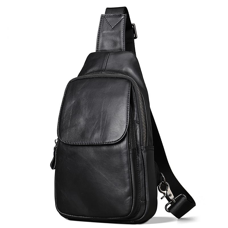 Men's Crossbody Bag Sling Shoulder Bag Chest Bag Crossbody Bag Nappa Leather Cowhide Daily Zipper Black