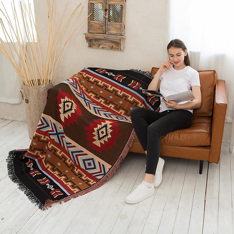 Boho Throw Blanket, Colorful Chenille Woven Bohemian Sofa Slipcover Recliner Loveseat Furniture Cover Aztec Hippie Throws Blankets