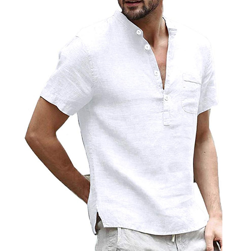 Men's Linen Shirt Band Collar Shirt Summer Shirt Beach Wear Casual Shirt Solid Color Outdoor Street Black White Light Green Blue Short Sleeve Henley Summer Spring Clothing Apparel Button-Down