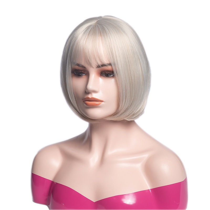 Gray Wigs for Women Synthetic Wig Natural Straight Bob with Bangs Wig Blonde Light Golden Pink Blonde Brown White 10 Inch For Daily Party Christmas Party Wigs barbiecore Wigs4