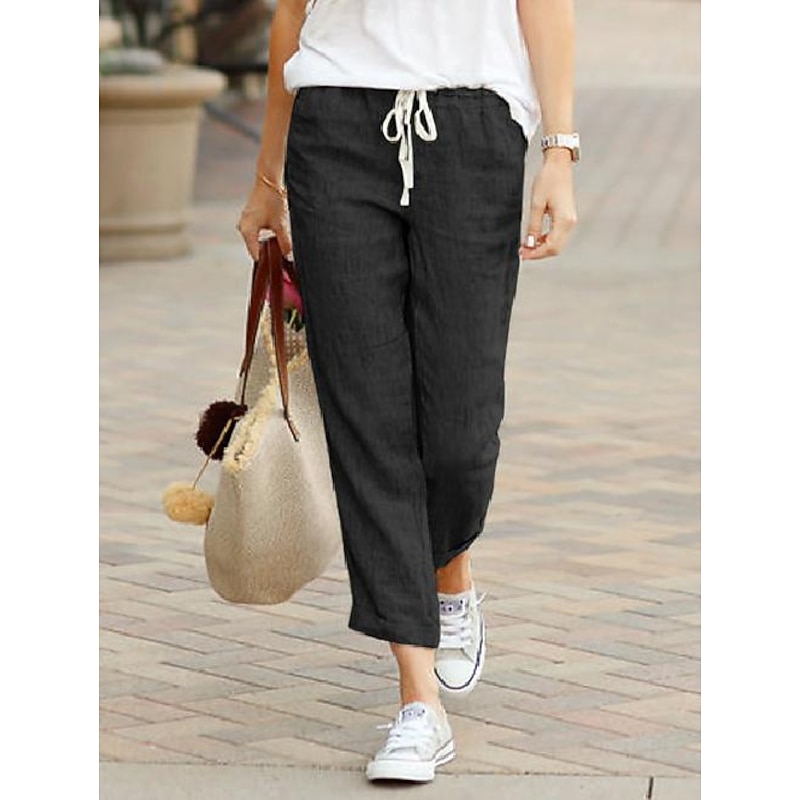 Women's Cotton Linen Drawstring Elastic Waist Pants With Pockets Casual Loose Trousers Summer Beach Comfy Quick Dry Lightweight Breathable Bottoms3