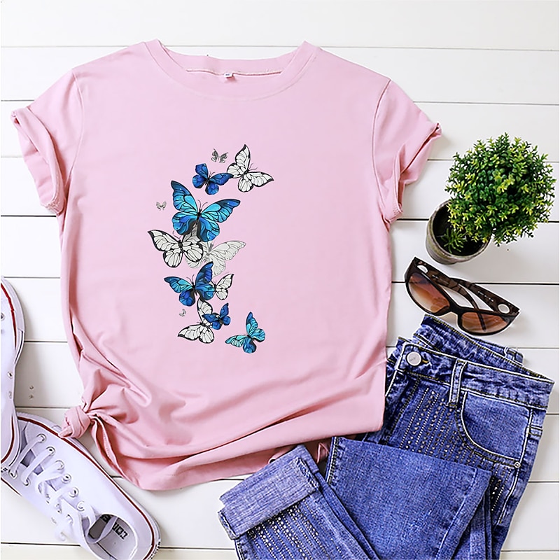 Women's T Shirt Butterfly Basic Short Sleeve T-shirt Sleeve Round Neck Regular Tops Home Daily Date Print Basic Black White Dark Pink Blue Summer 9