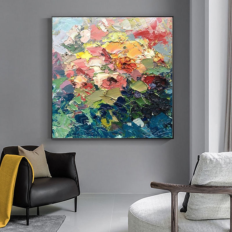 Oil Painting Hand Painted Square Abstract Floral / Botanical Classic Modern Rolled Canvas (No Frame) 6