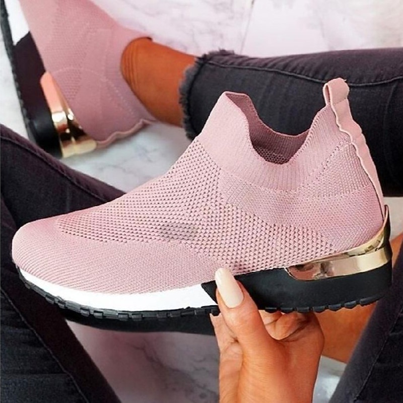 Women's White Slip-On Knit Sneakers – Breathable Lightweight Walking Shoes with Gold Heel Accent for Casual Wear, Travel, and Fitness2